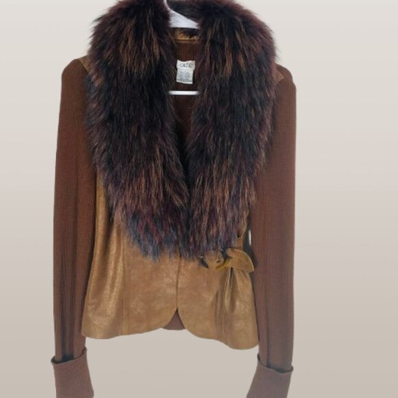 Cache Vintage Leather+Knit Jacket With Raccoon Fur Detachable Collar Sz S Brown - Picture 1 of 10